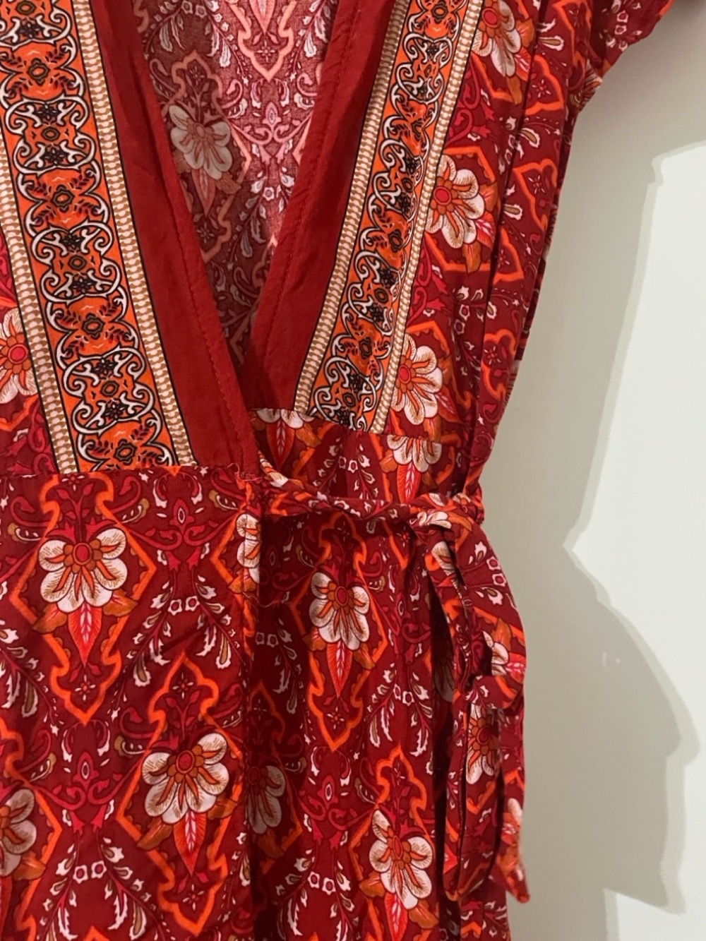 R.Vivimos Red Boho Floral Wrap Mini Dress Short Sleeve S - Picture 5 of 6